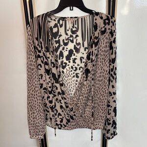 CAbi Animal Print Wrap Blouse - Black & Taupe